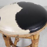 Bamboo bar stool with leatherette seat in cow print, 1950s