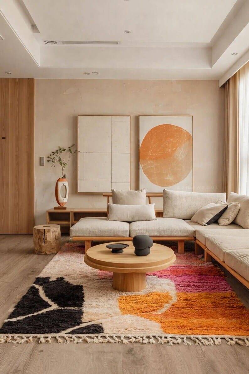 Handmade beni ourain rug with colourful patterns, size 140 x 260 cm.