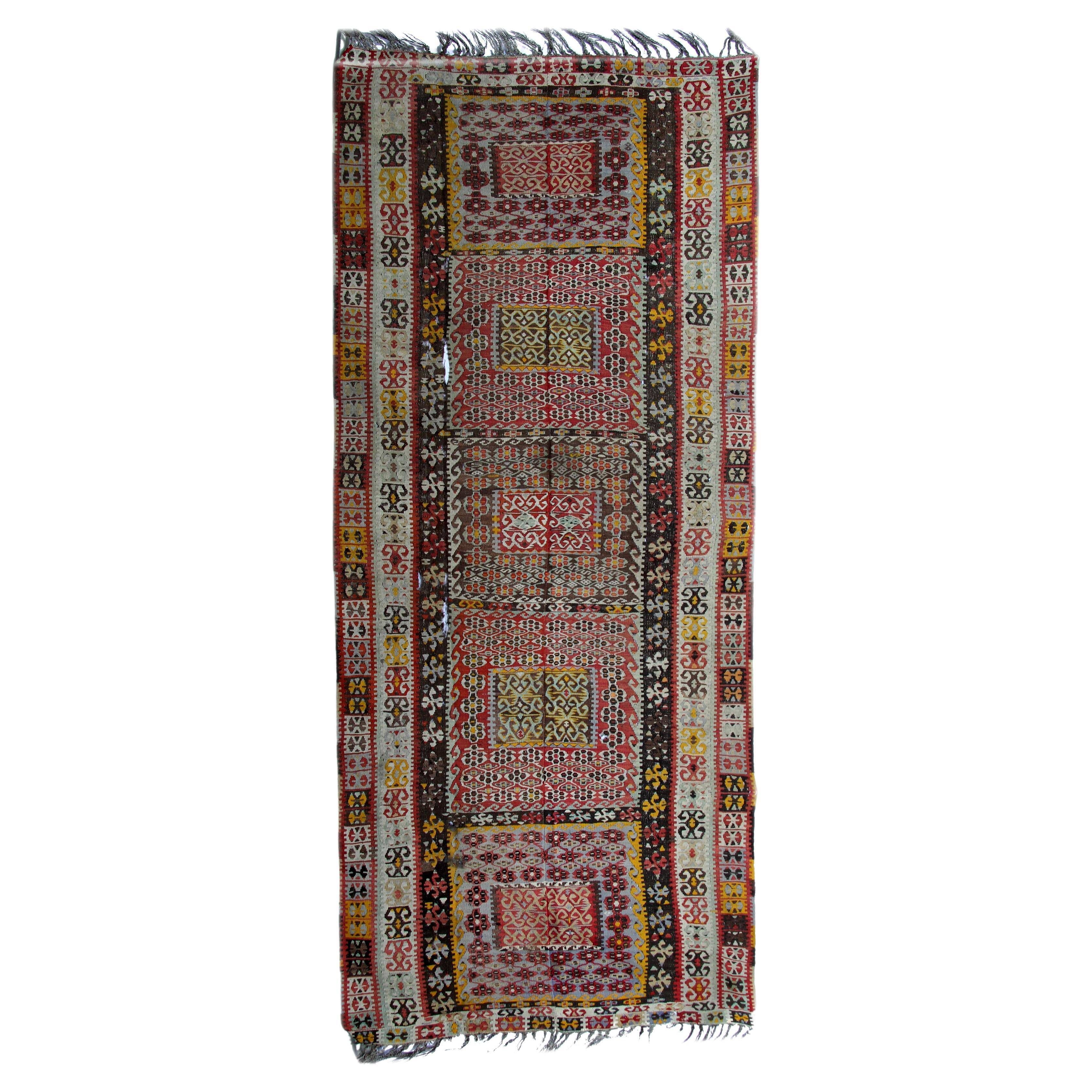 Antique Turkish Kilim Rug Traditional Tribal Runner Hand-Woven