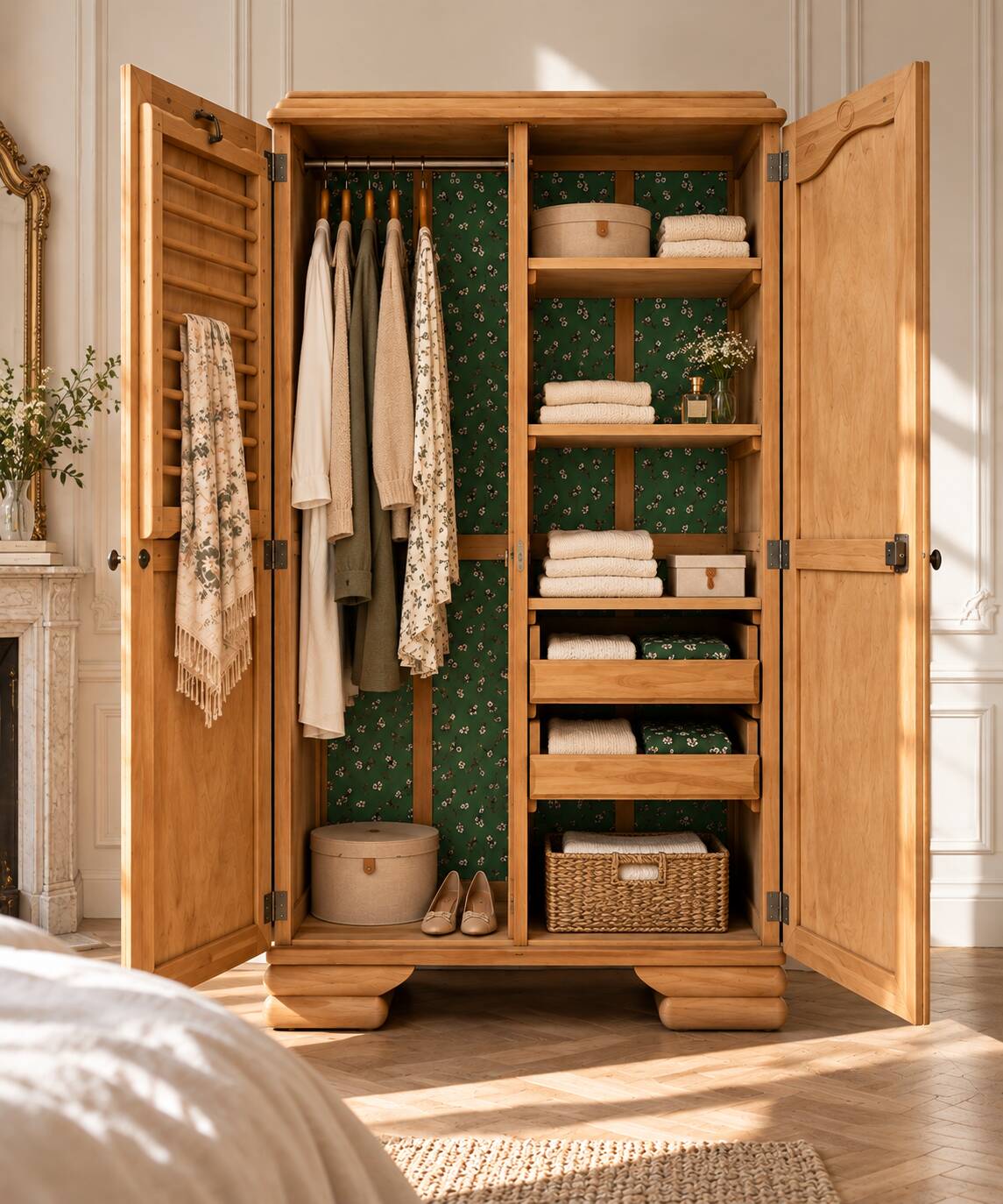 Parisian Art Deco wardrobe, renovated with raw wood.