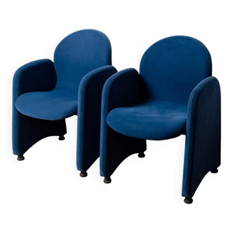 Pair of blue velvet armchairs with round acrylic feet - Italian mid-century design, 1970s