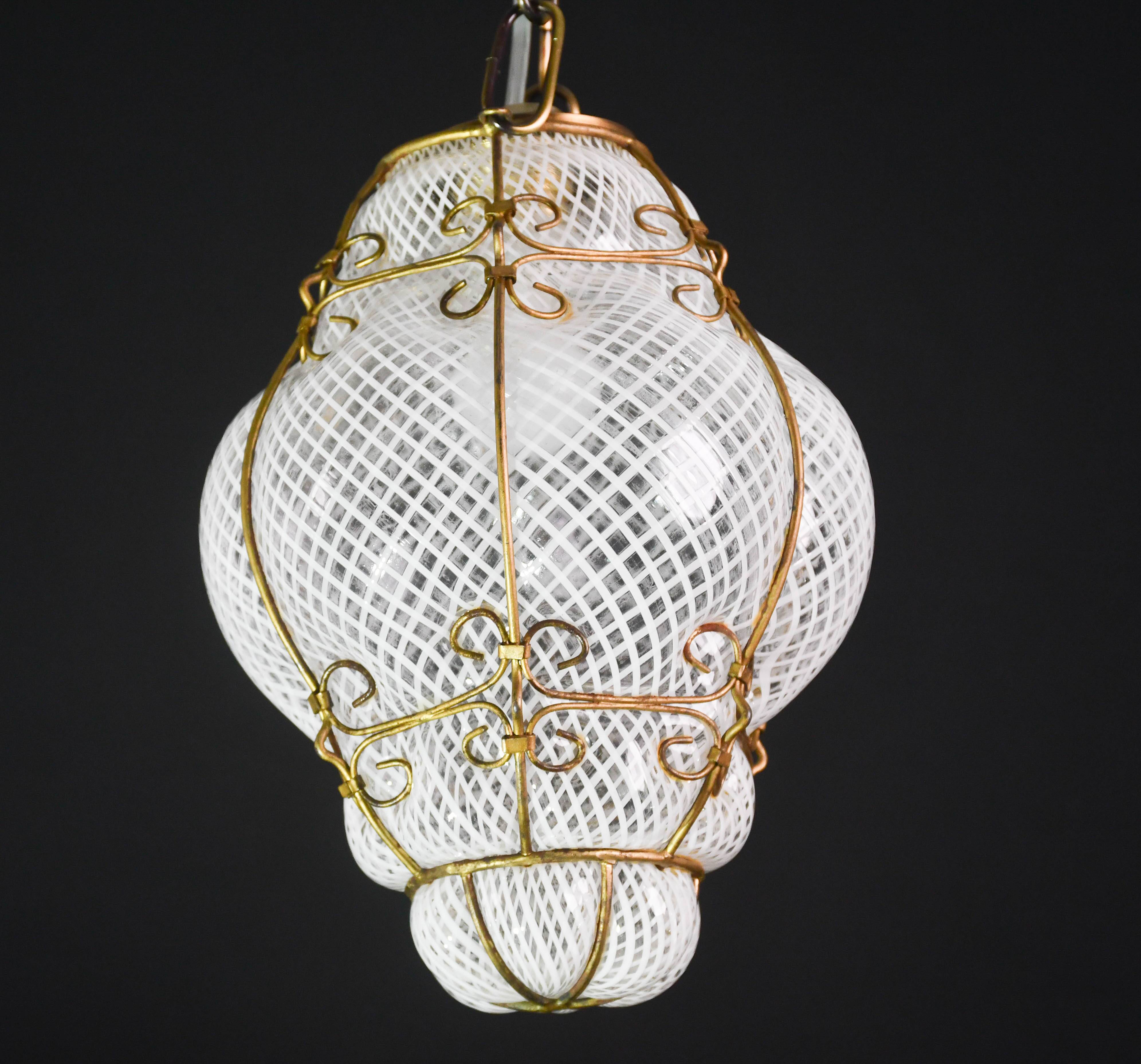 Venini Amazing Venetian Lantern in Murano Reticello Glass, 1950s