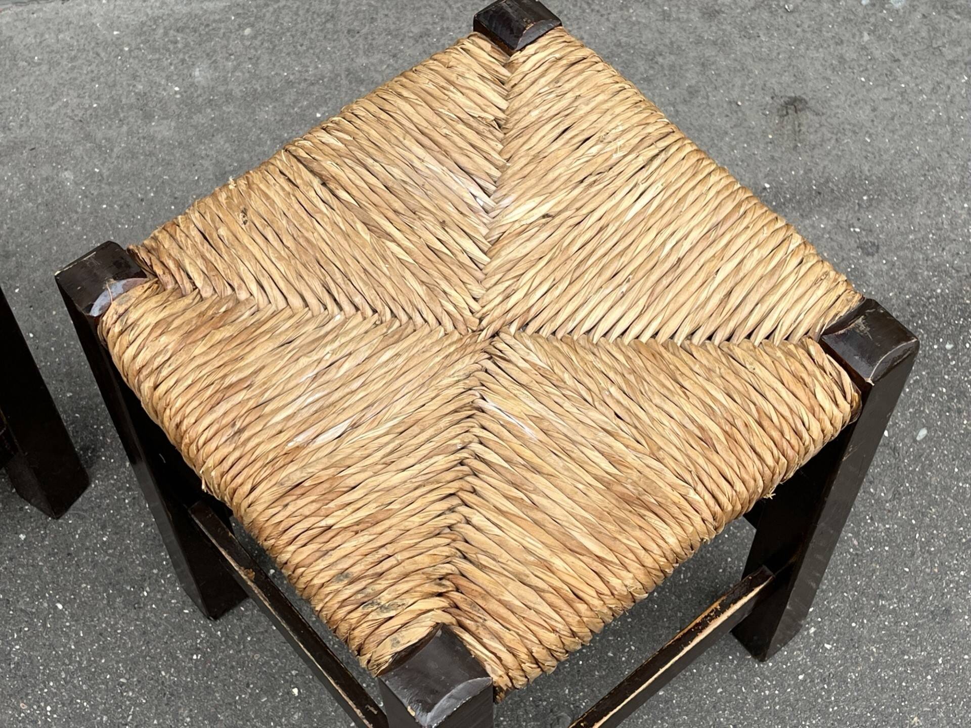 Pair of vintage straw-seat stools
