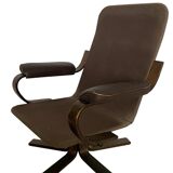 Scandinavian tilting and swivel armchair in curved wood and leather