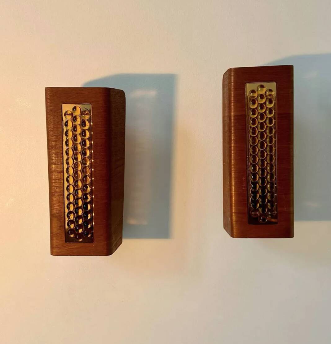Pair of vintage wall lights, teak and amber glass, Sweden 1960