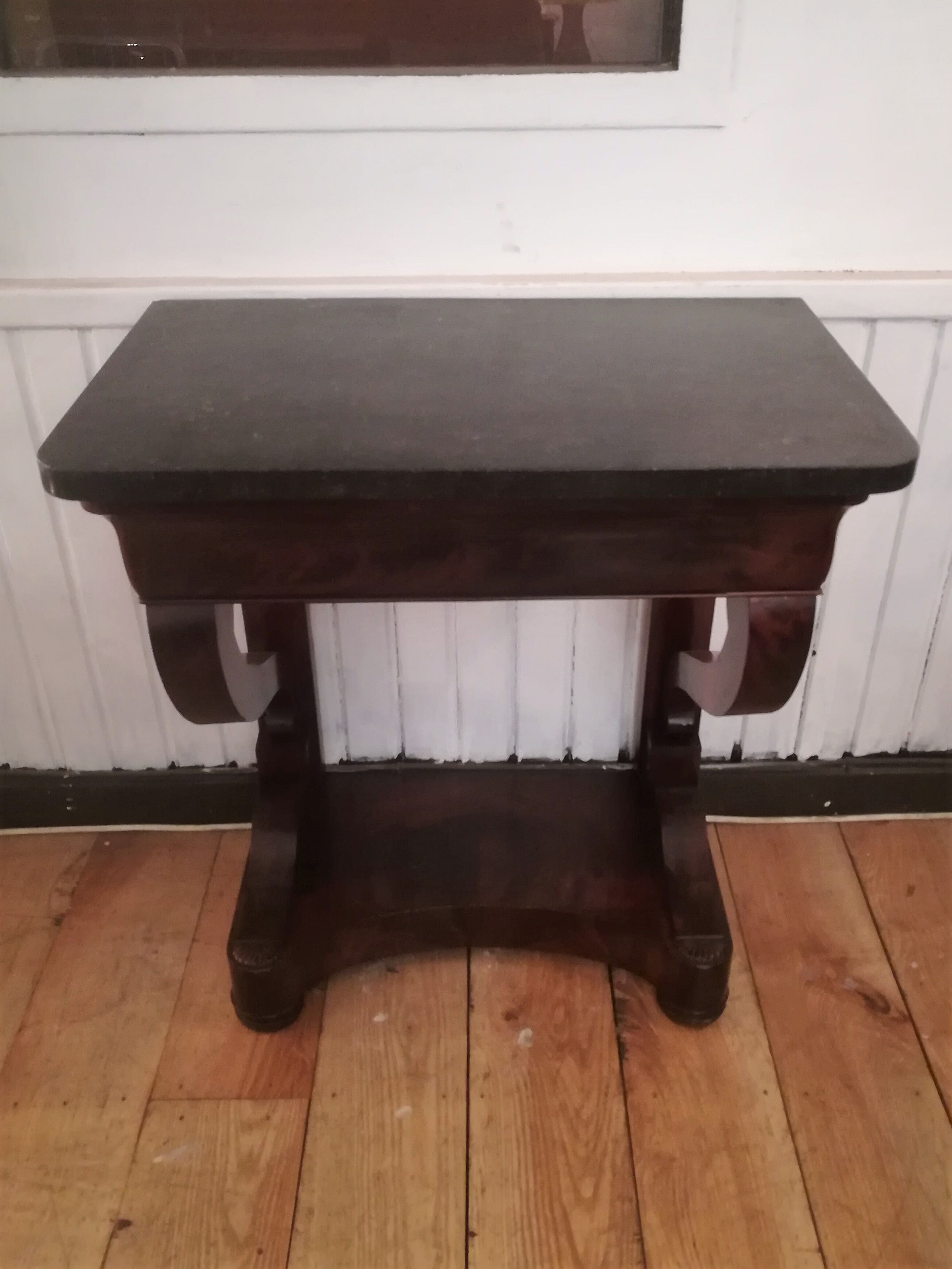 Consoles pair restoration in mahogany and black granite
