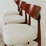 Set of 6 dining chairs, teak color wood, bouclè upholstery