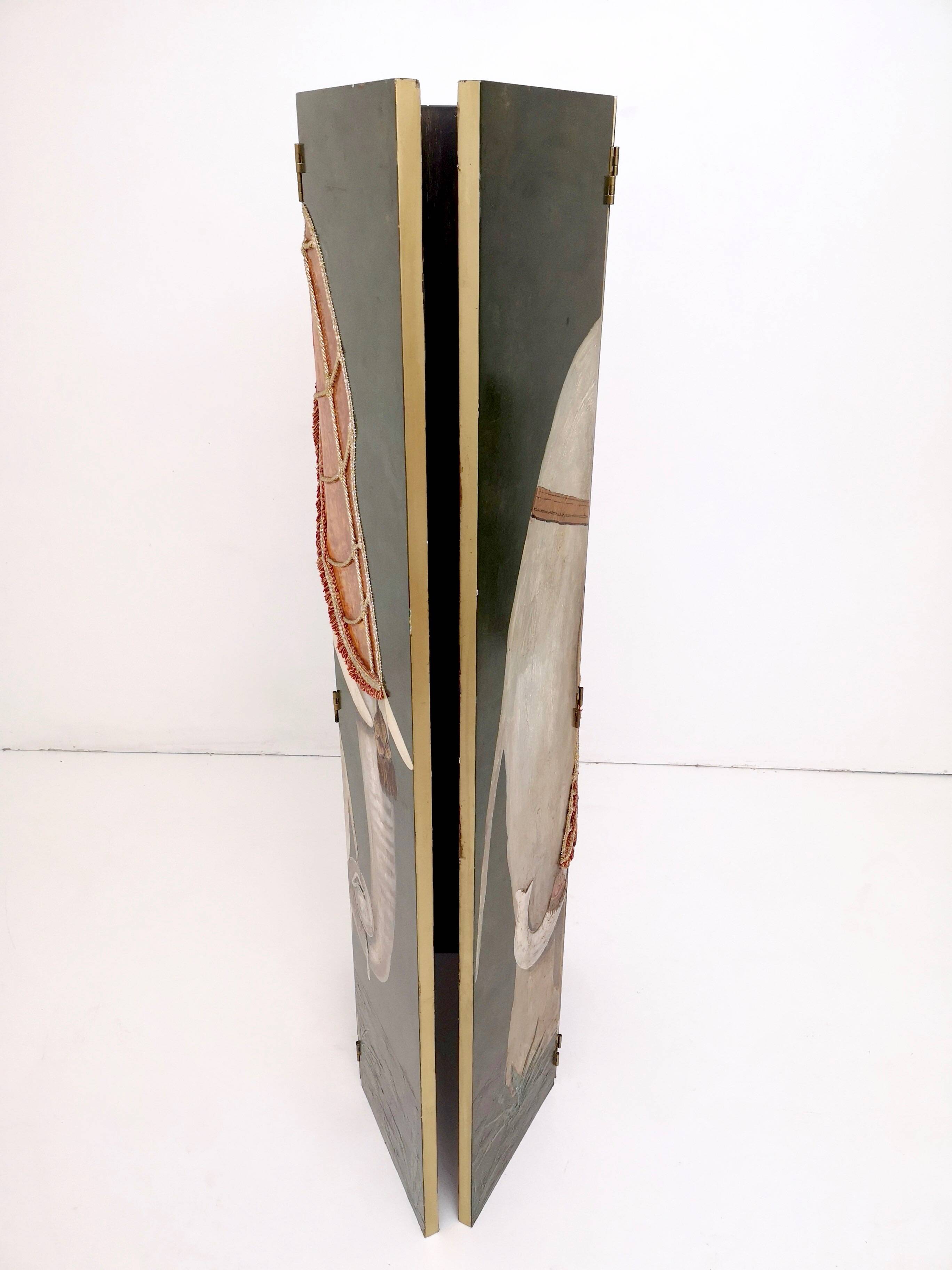 Postmodern five-panel room divider by doro with two asiatic elephants, italy