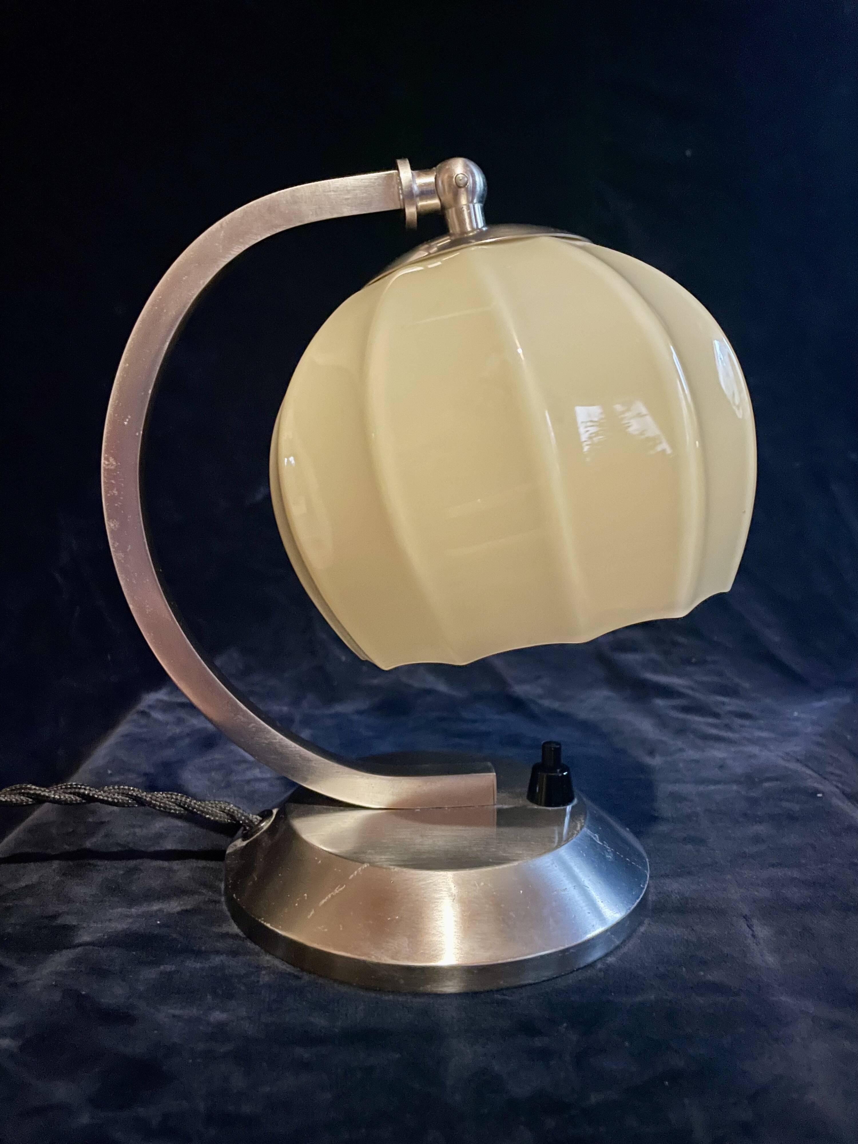 Art Deco bedside lamp, opaline/nickel brass, 1930s.