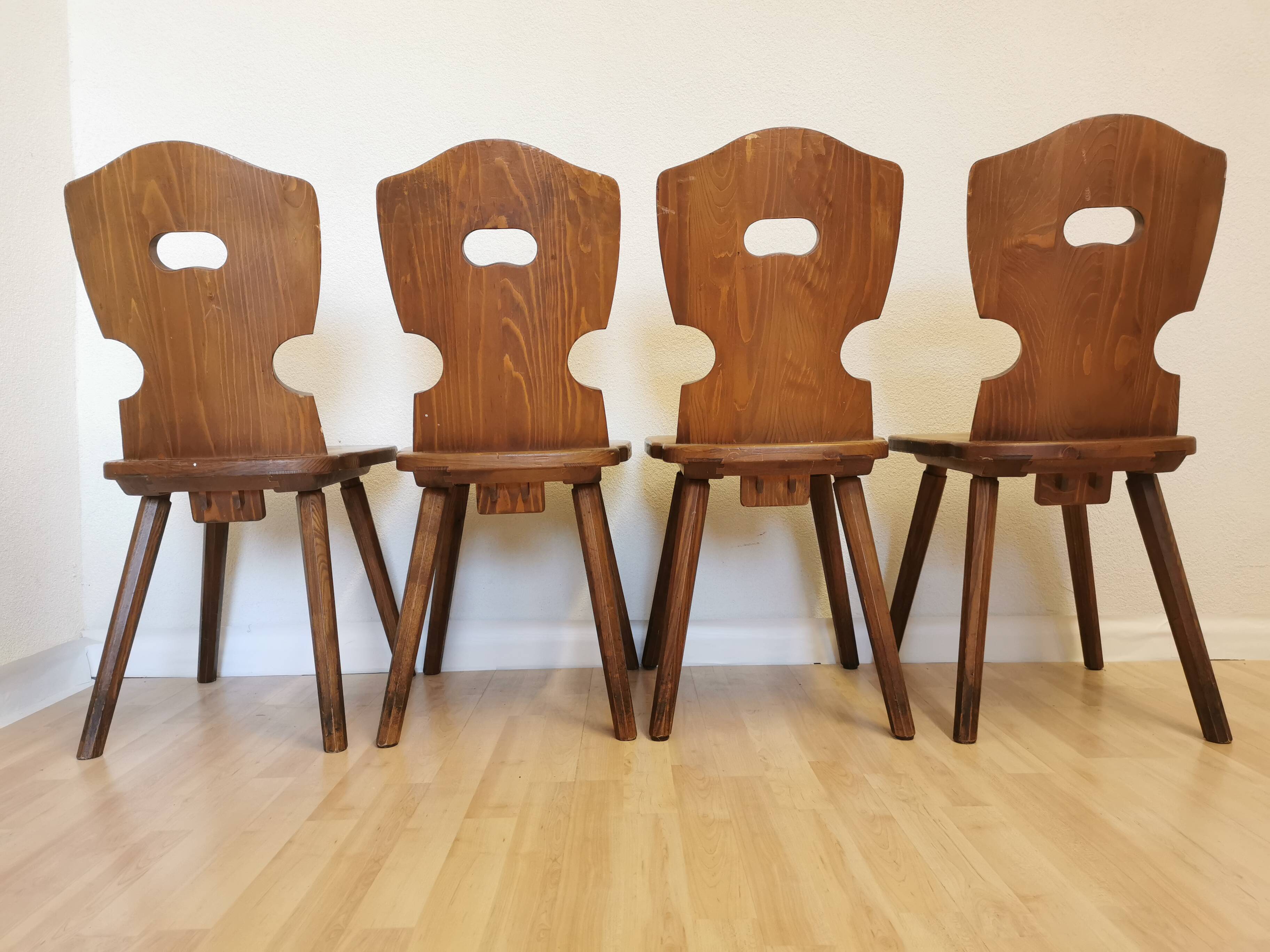 Vintage Tyrolean Wooden Dining Chairs - 1970s Farmhouse Style - Set of 4