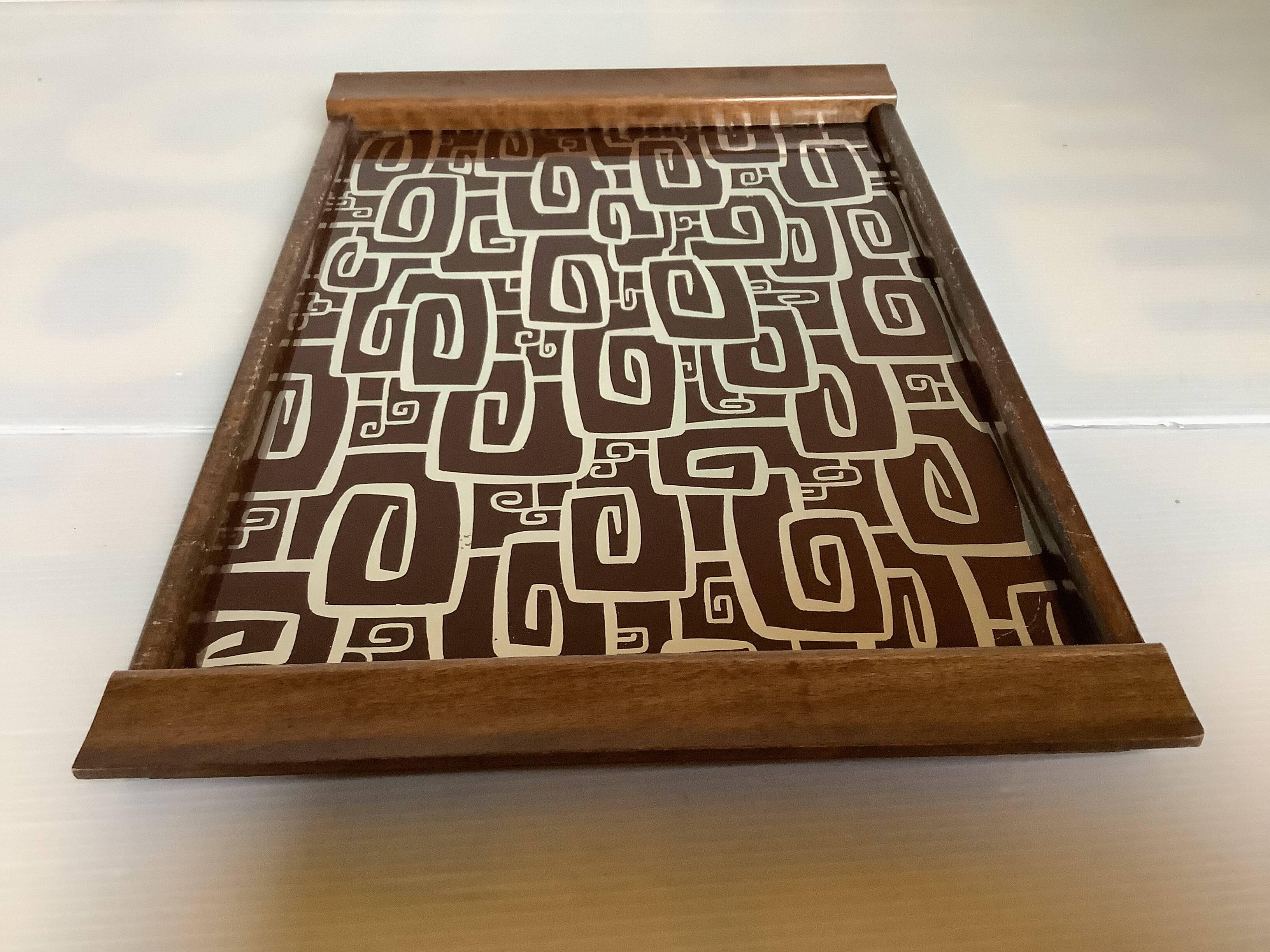 Vintage wooden tray with psychedelic Art Deco patterns.