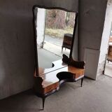 Italian Mid-Century brown wooden and brass dressing table with large mirror, 1950s.