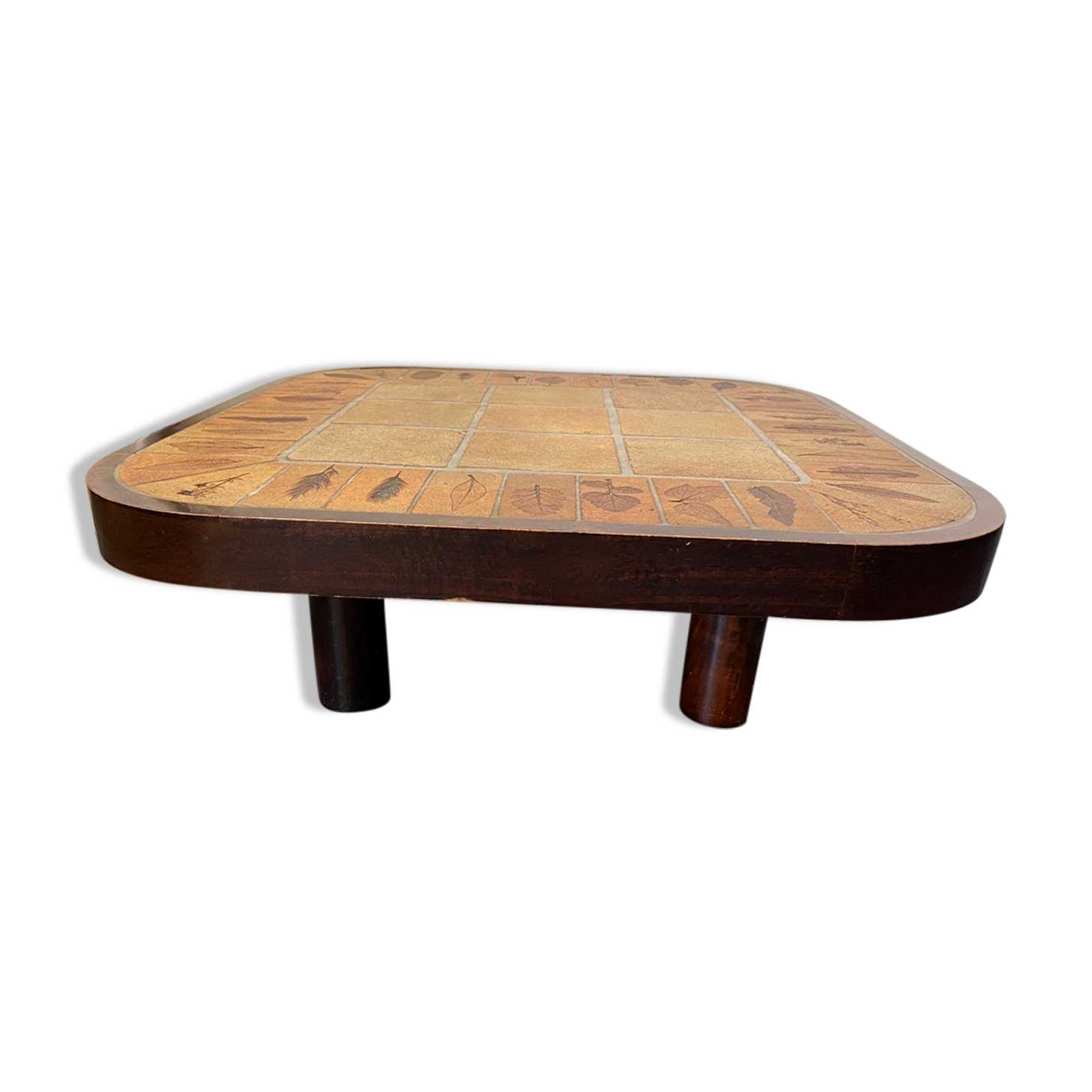Coffee table Roger Capron ceramic herbarium and vintage wood year 1960