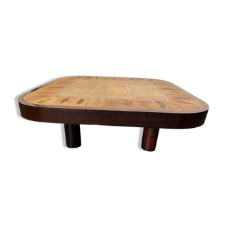 Coffee table Roger Capron ceramic herbarium and vintage wood year 1960