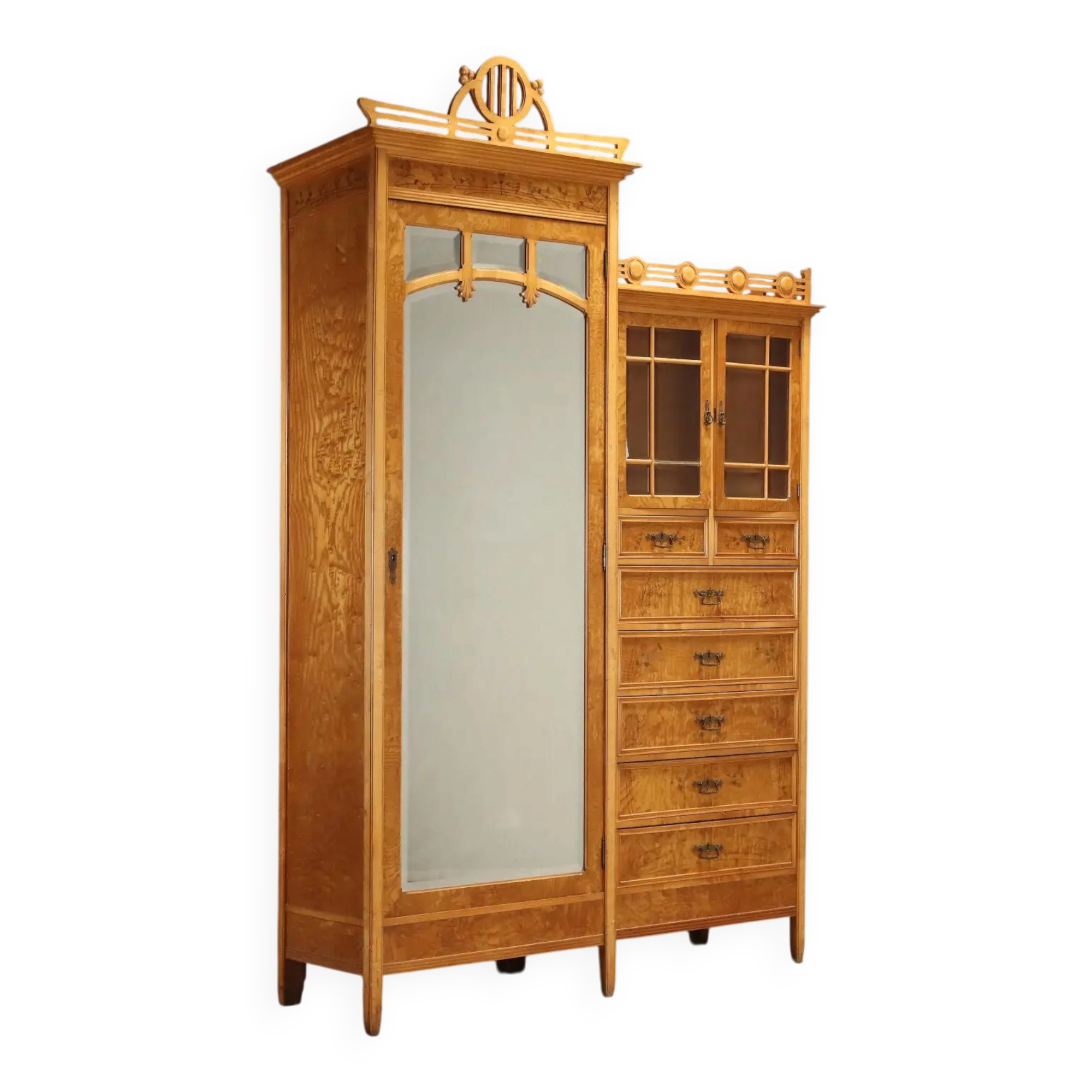Antique Art Nouveau wardrobe in ash and maple, Italy, 20th century