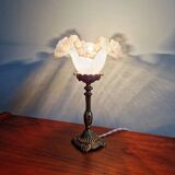 Table lamp in gilded bronze with opalescent glass shade, early 20th century.