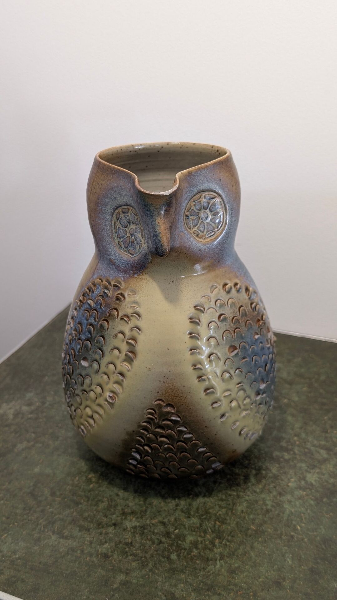 Glazed stoneware pitcher signed JM – Jean-Marie Delahaye – Relief decoration