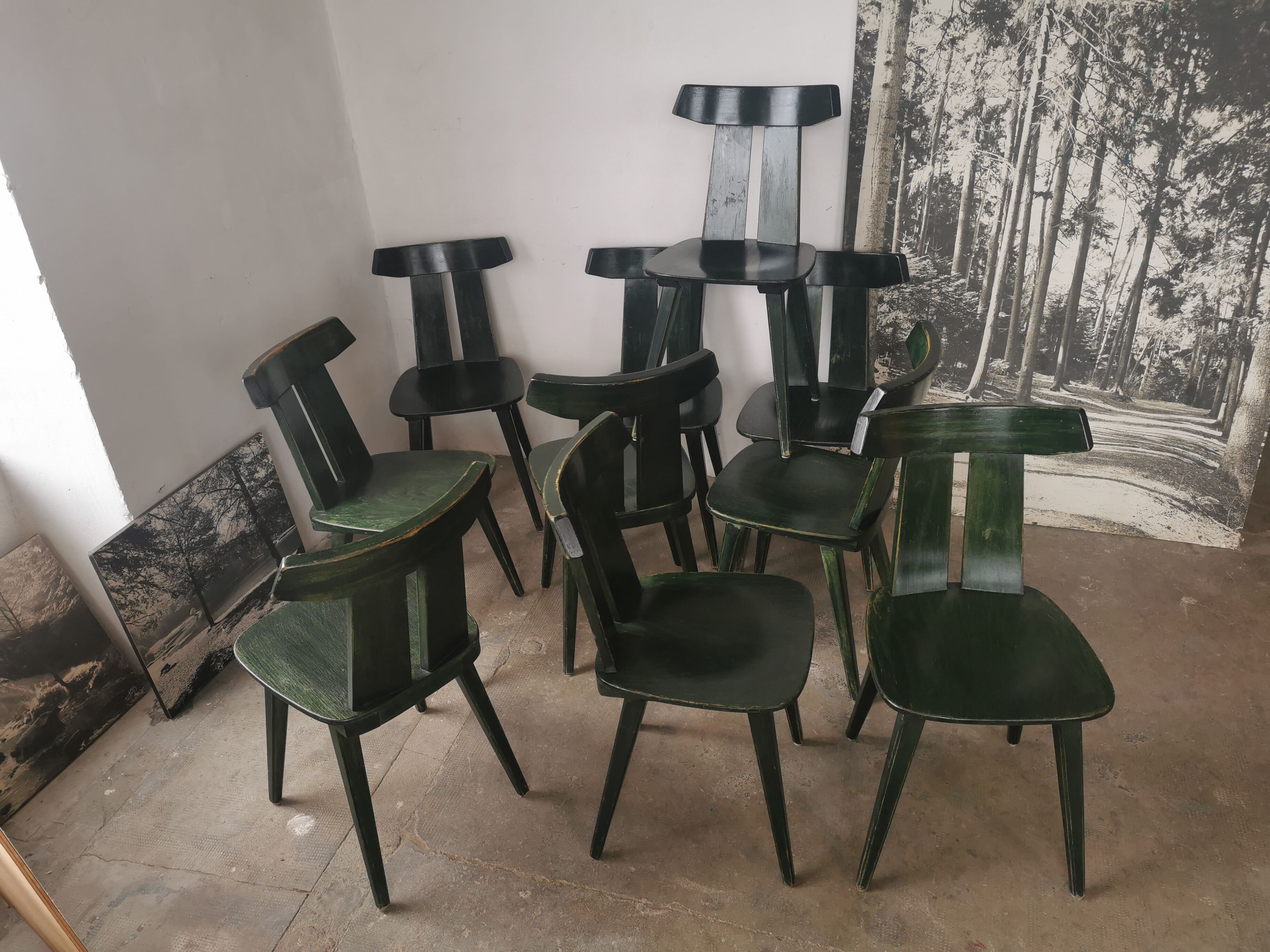 Set of 10 wooden bistro chairs