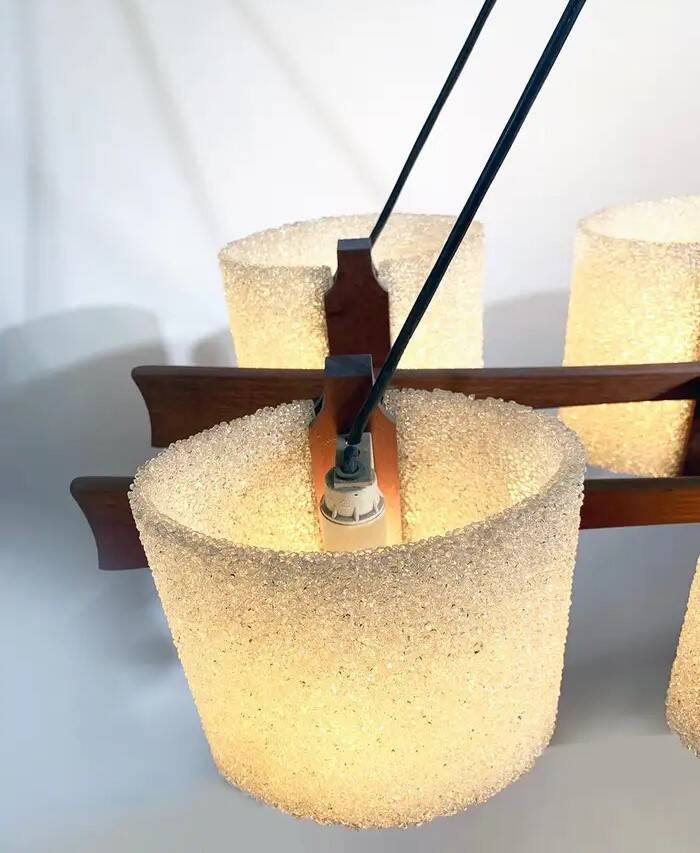 Suspension vintage 6 lumières, teck et perspex, 1960