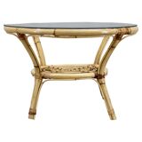 1960s Italian rattan round table with glass top