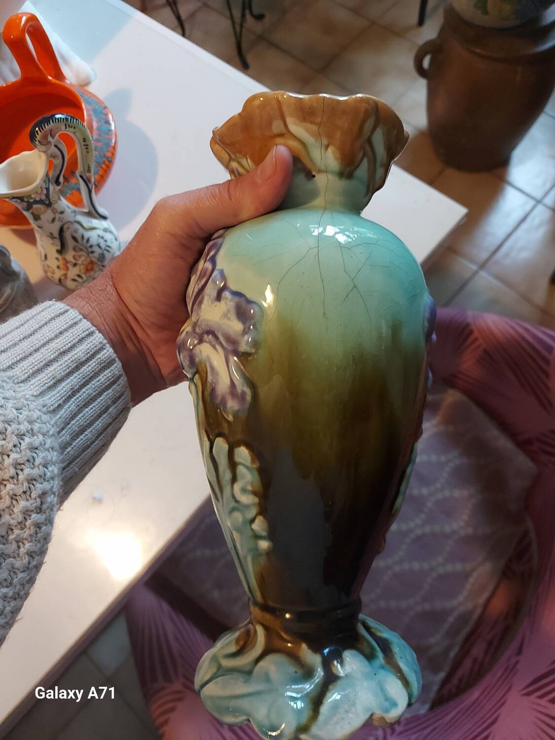 Antique iris flower vase in art deco style slip earthenware