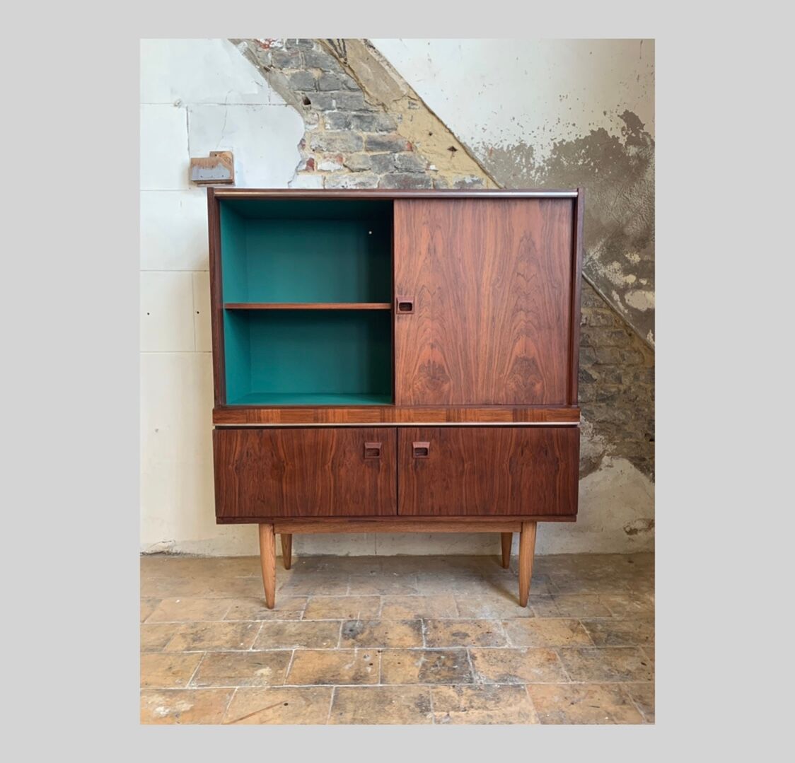 Vintage rosewood veneer top sideboard and dark green interior