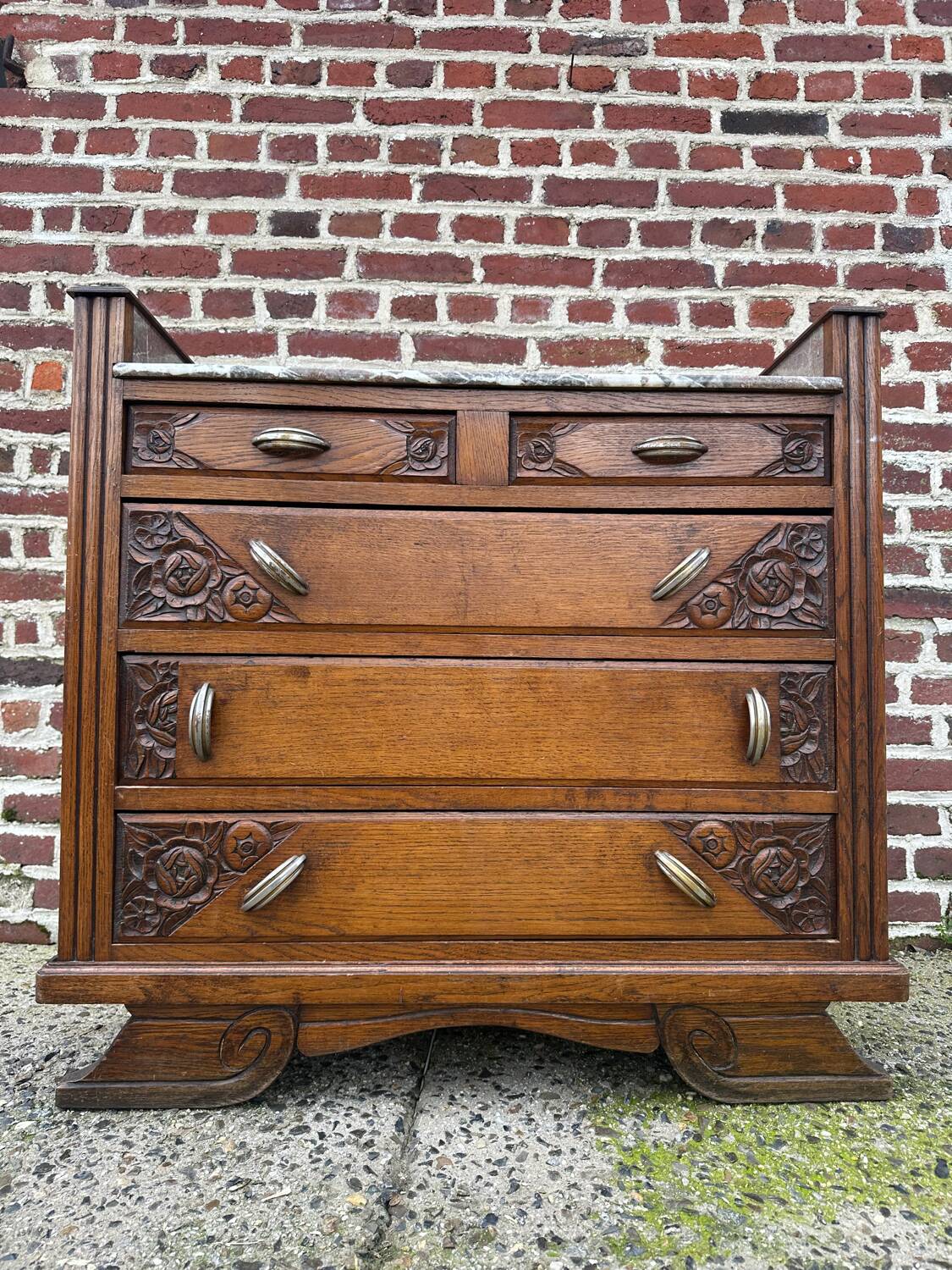Art Deco chest of drawers, marble top, solid oak, dressing table
