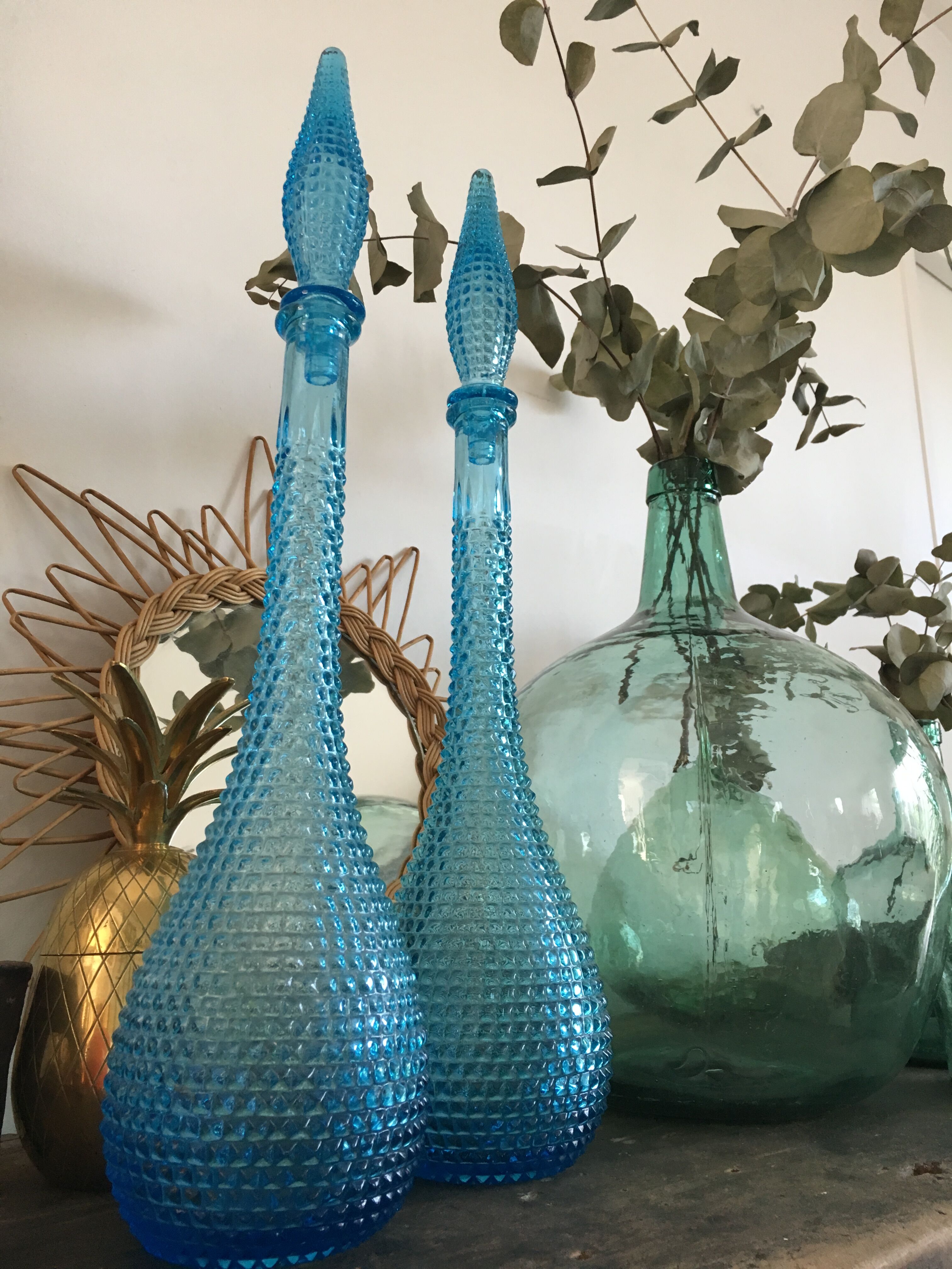 Turquoise blue textured glass carafe