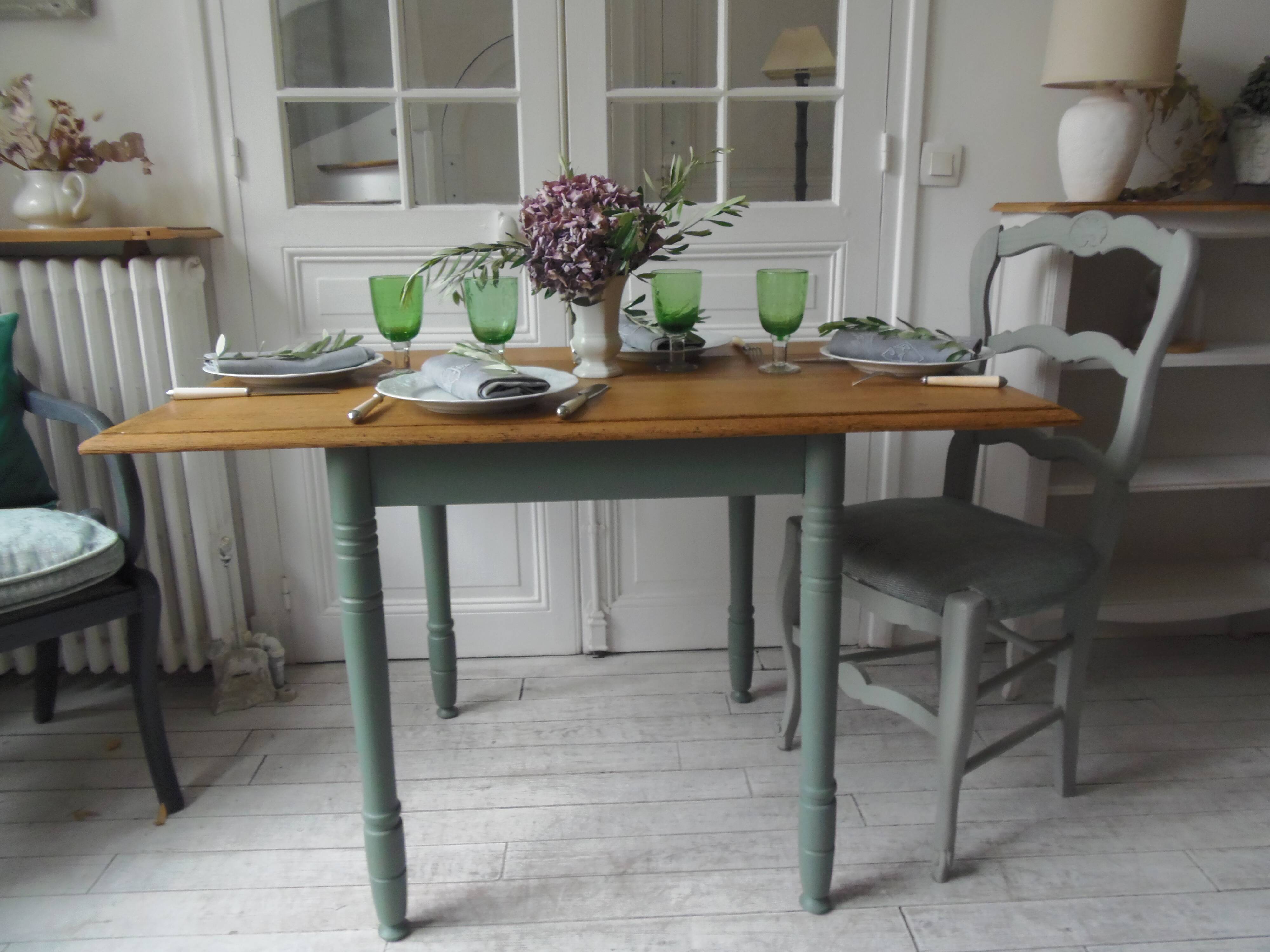 Table, vintage desk with smoked green base, oak top.