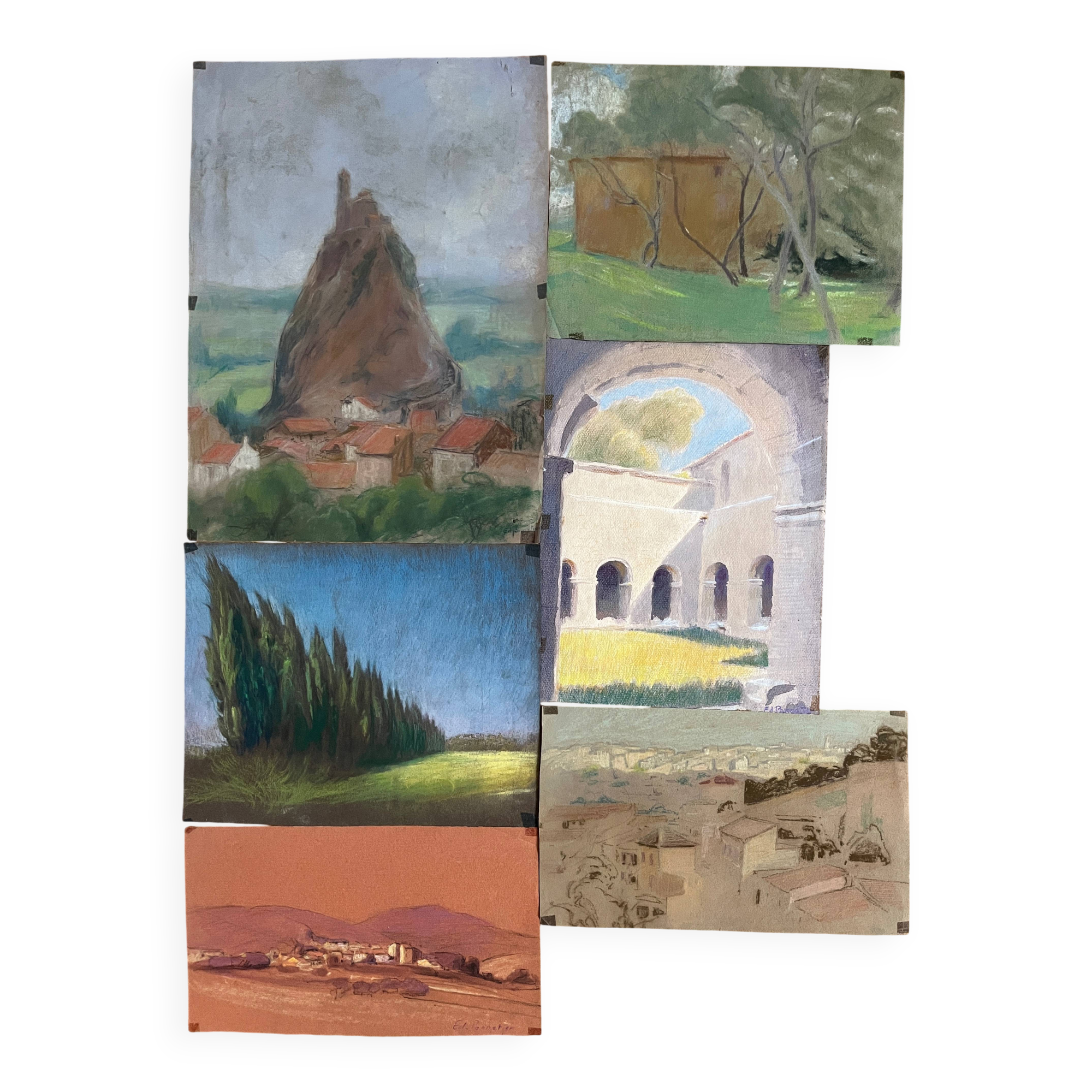 Paintings set of 6 drawings by Ed. Pannetier (1884-1965) Provence Côte d'Azur