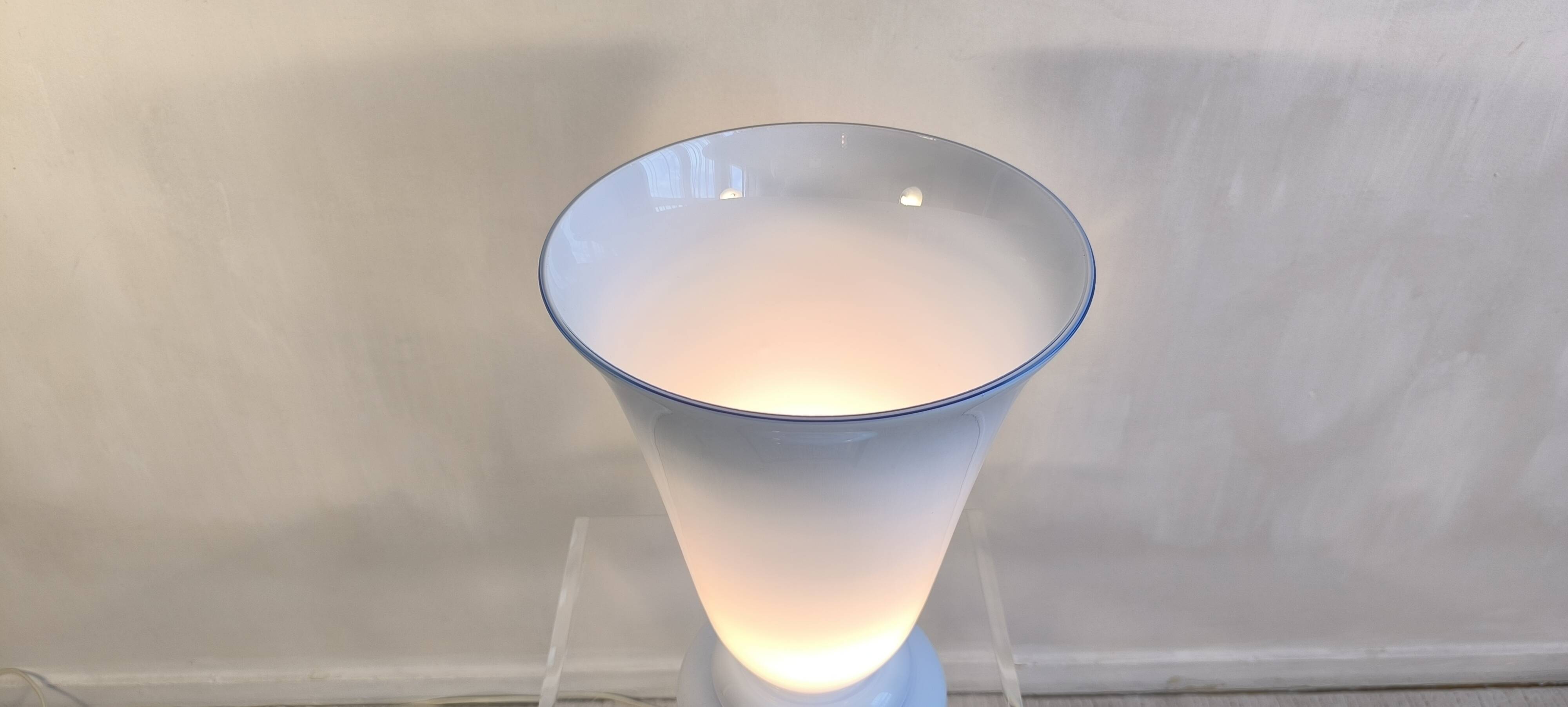 Magnificent large vintage lamp in opaline blue Bohemian glass — signed