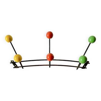 Vintage wall coat rack - 6 hooks with wooden balls - 1950s