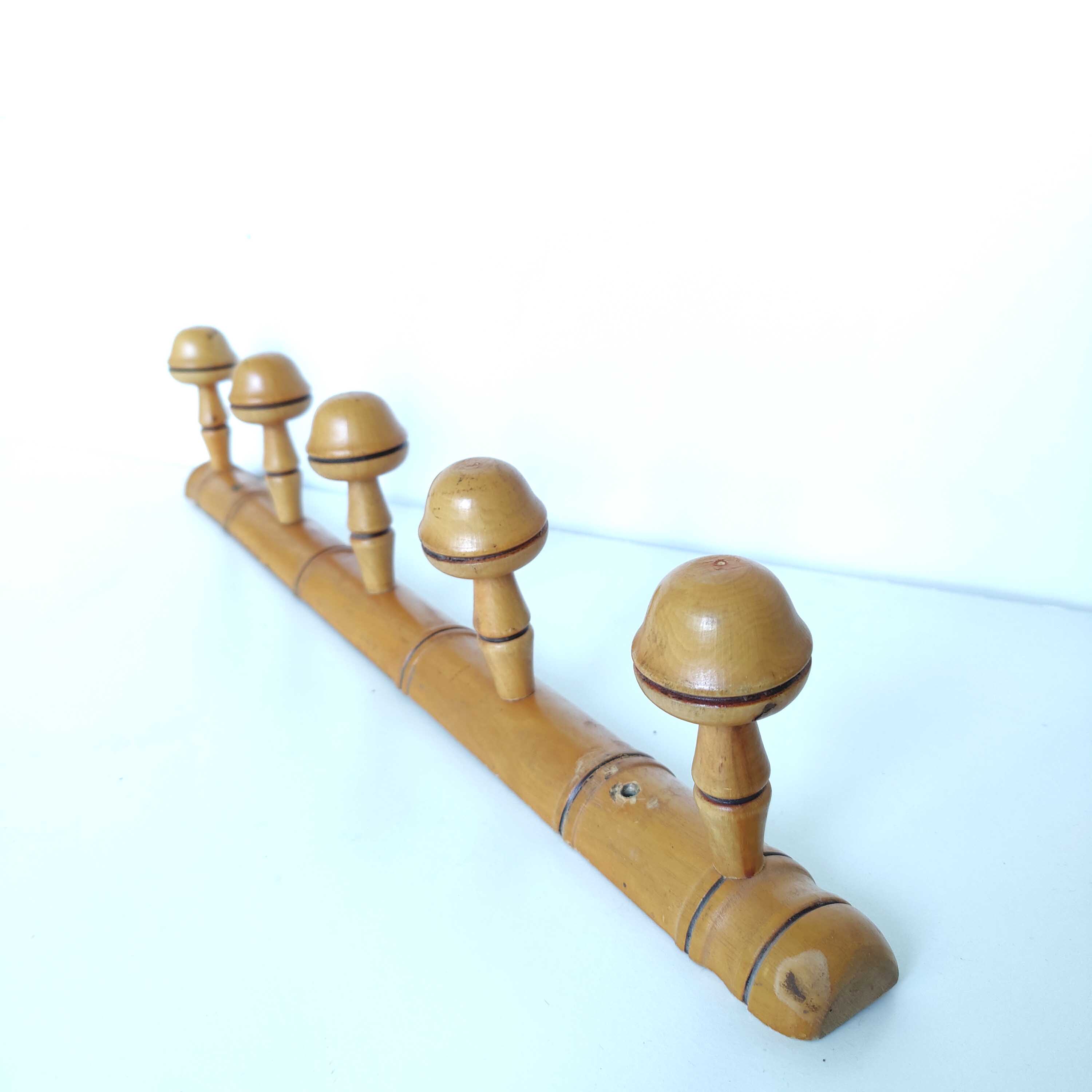 Bamboo style wooden coat rack 5 hooks