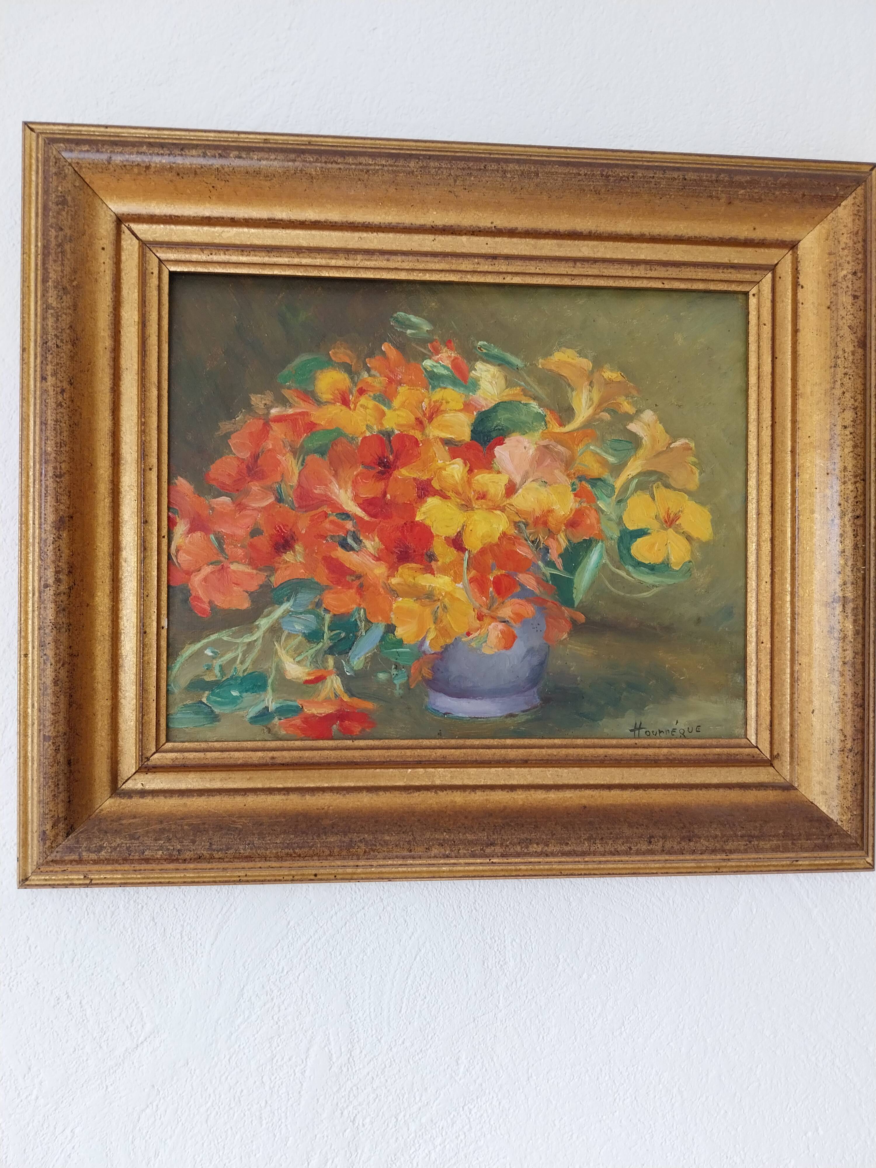 Huile sur panneau vintage signée Hourregue - bouquet de fleurs