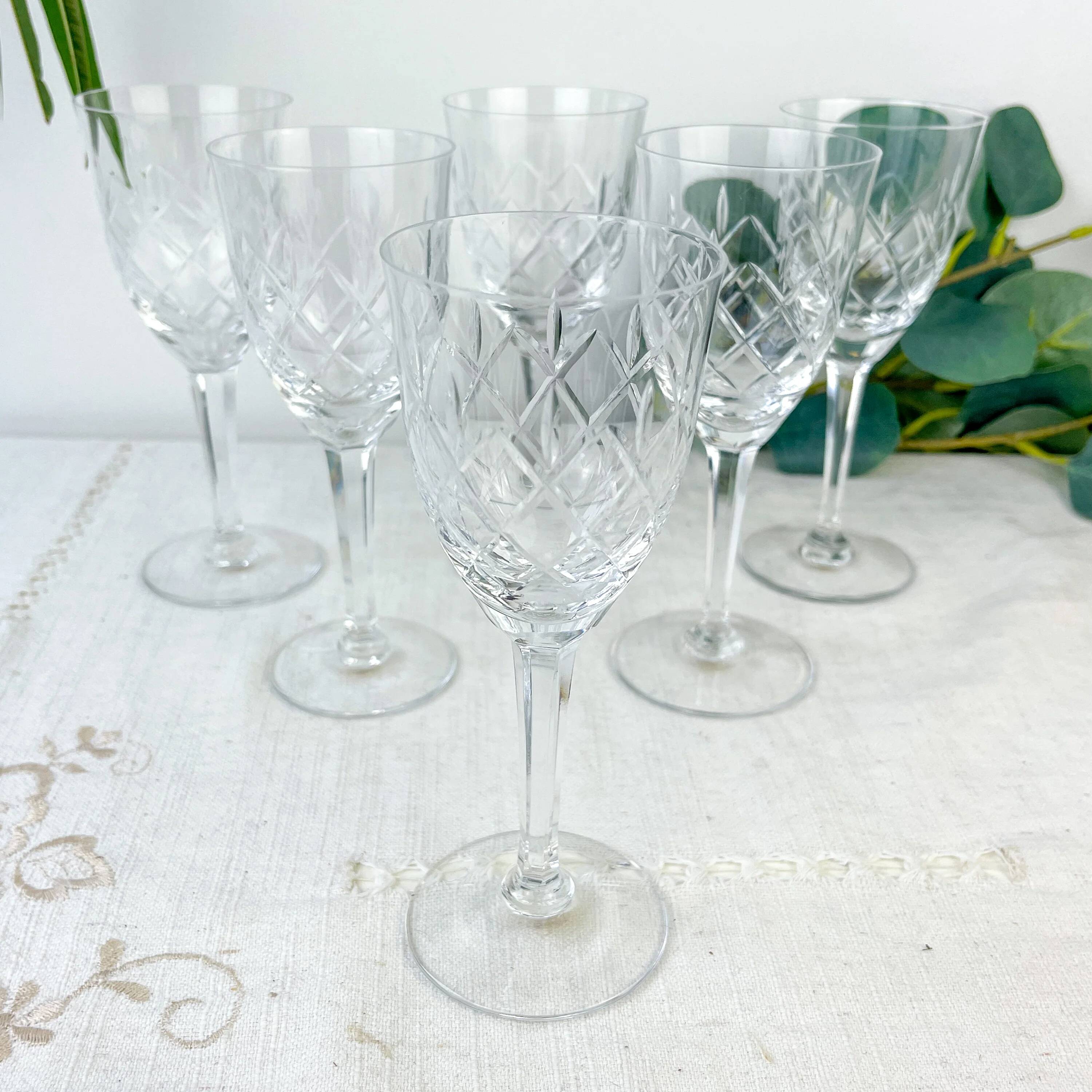 6 vintage cut crystal water glasses – Lorraine Lemberg Glassworks with original label (1950s–1970s)