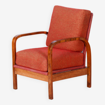 Restored Art Deco Armchair, Original Upholstery, Walnut, Veneer, Czech, 1930s