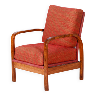 Restored Art Deco Armchair, Original Upholstery, Walnut, Veneer, Czech, 1930s