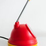 Blue-painted metal shade, chrome articulated arm desk lamp in Memphis-style 80s Pop Art with red base and yellow accents