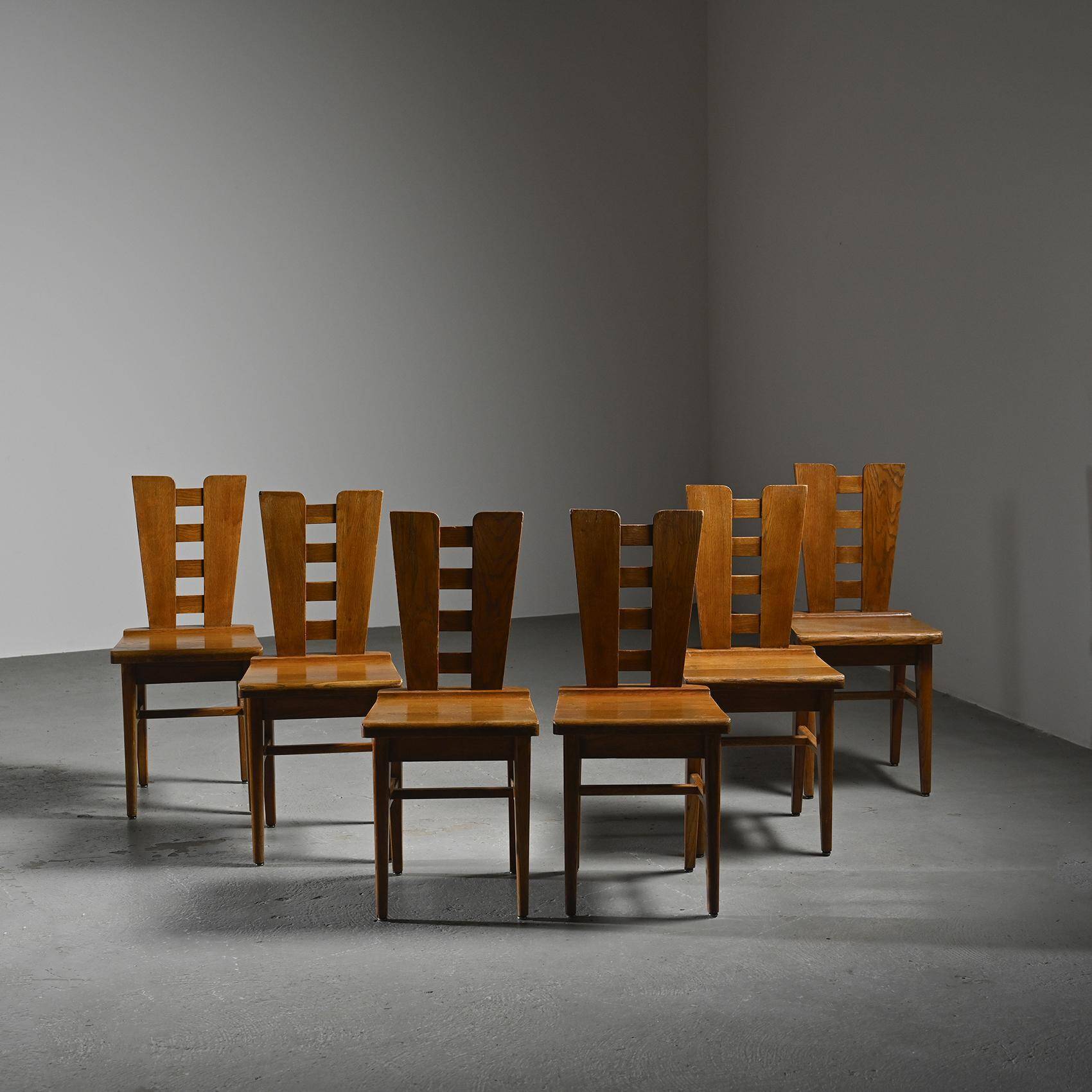 Set of six oak chairs by Henry Jacques Le Même, France circa 1940
