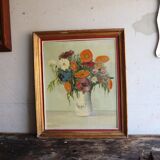 Huile sur toile ancienne bouquet de fleurs