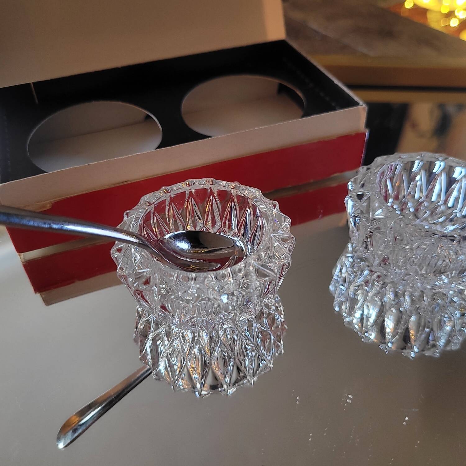 Pair of crystal glass table salt shakers - Circa 1950