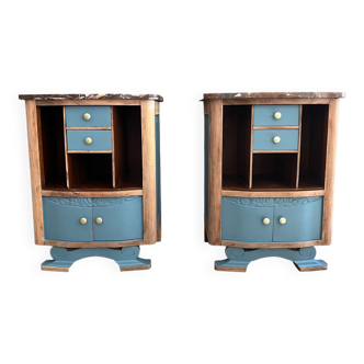 Pair of raw wood and blue zinc bedside tables