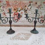 Set of 2 candlesticks 3 bobèches in patinated brass vert-de-gris