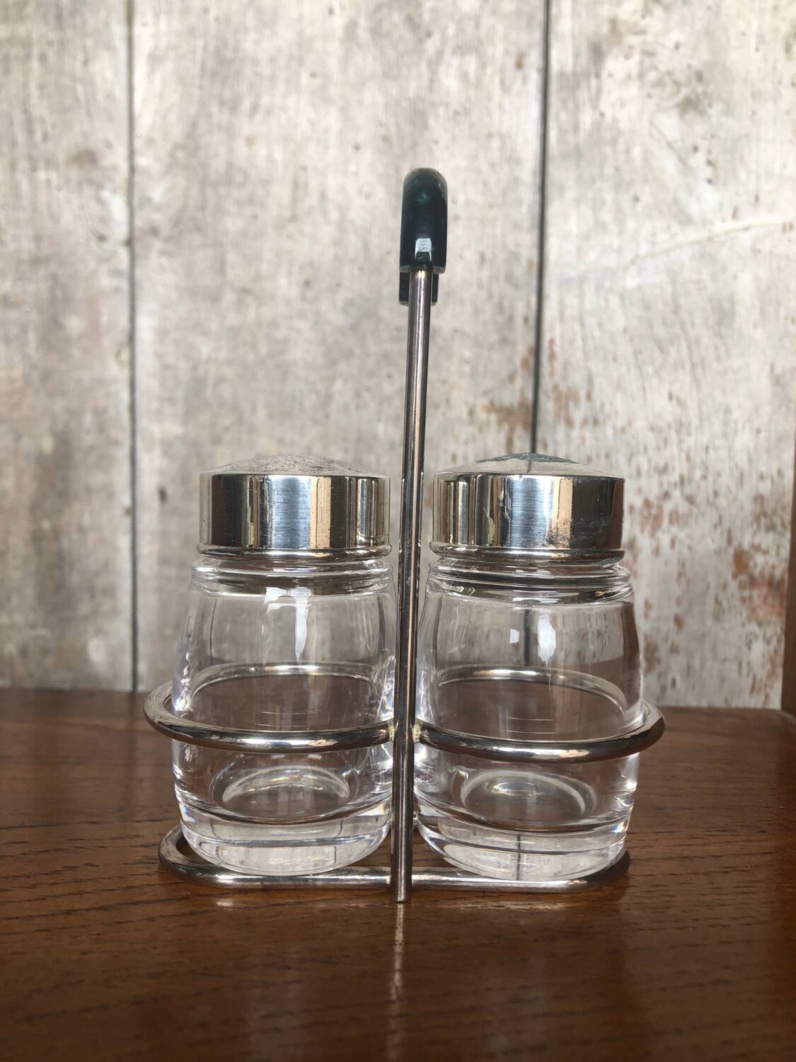 Old Service Salt Pepper Shaker Molded Glass + Vintage Silver Metal