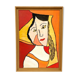 Oil on cardboard by denise fortin figurative composition ma geisha 1999