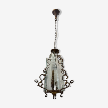 Italian art deco bronze and etched glass pendant lamp