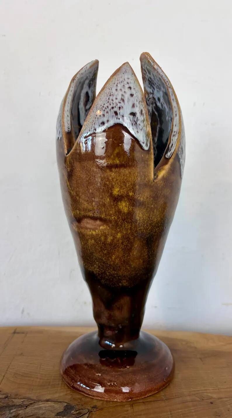 Vintage Mid-Century Modern Studio Pottery Tulip Lotus Bud Pedestal Vase - Earthen Brown & White Glaze
