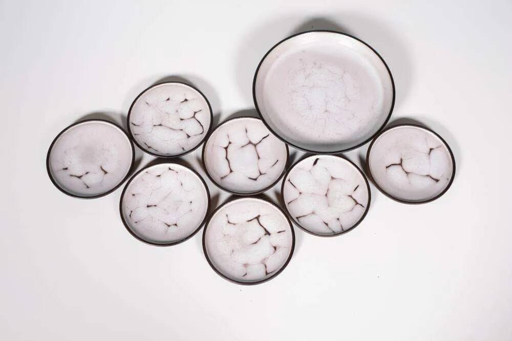 Vintage Mobach pastry set, fat lava ceramic serving plates.