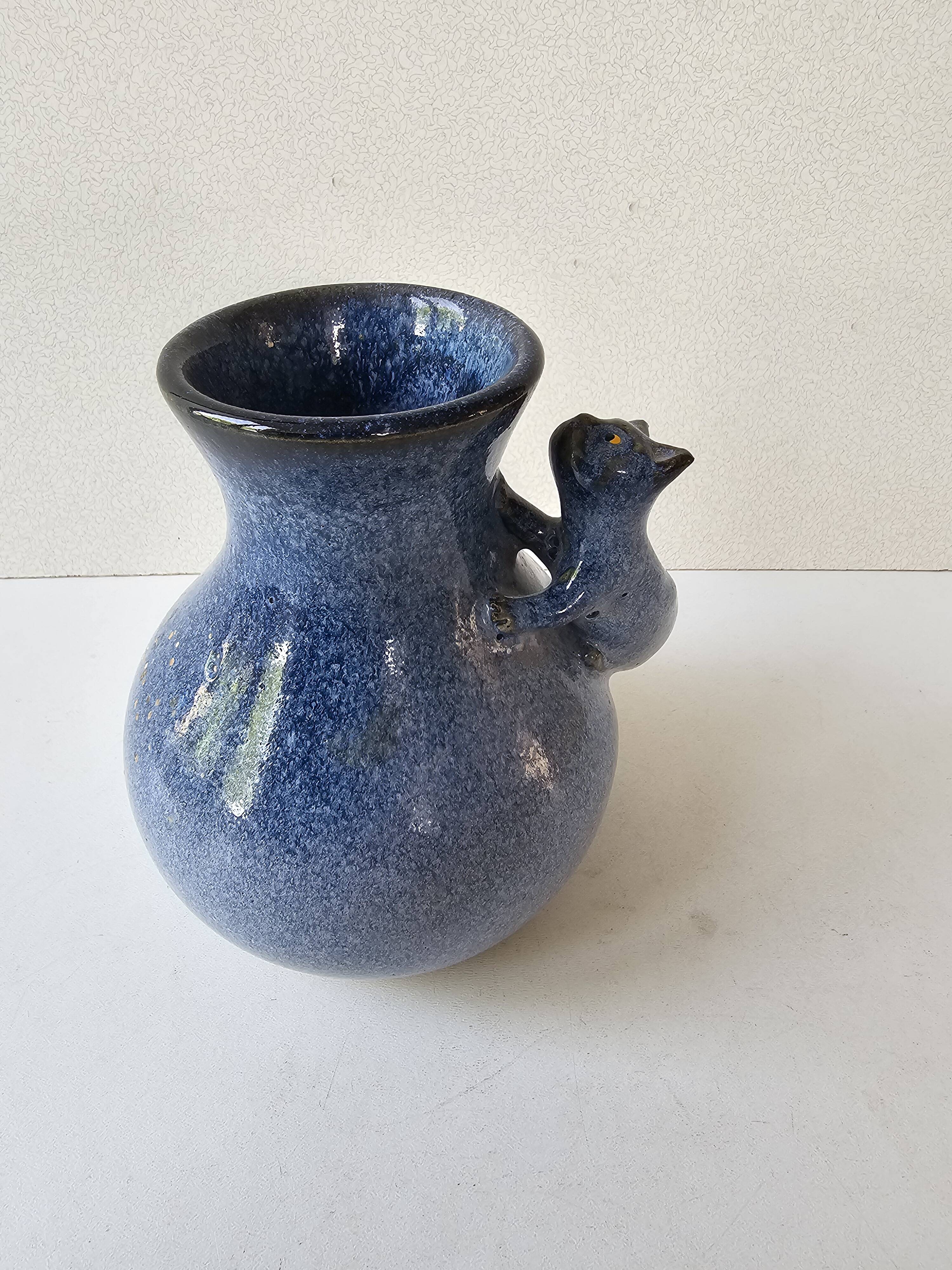 Blue ceramic cat vase signed Jean Louis Scouarnec