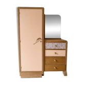 Armoire asymétrique fleurie, chêne naturel & rose poudré